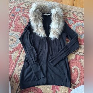 LOFT Black Cardigan with Faux Fur Collar